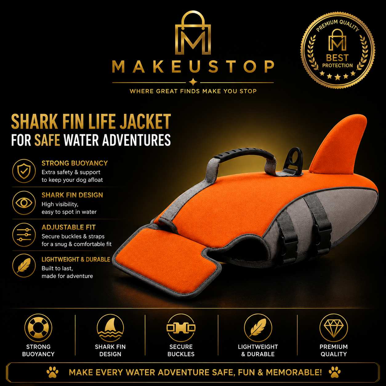 Premium Shark Fin Dog Life Jacket – Adjustable Pet Swimming Vest with High Buoyancy for Boating, Pool, Beach & Water Sports