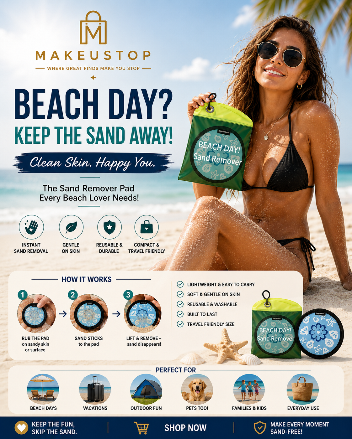 MAKEUSTOP™ Premium Beach Sand Remover Pad – Reusable Sand Cleaning Pad for Skin, Feet, Towels, Beach Gear & Travel